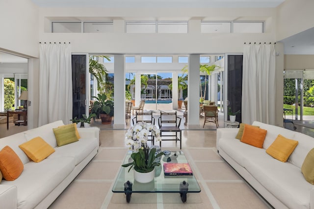 living room with a healthy amount of sunlight and a high ceiling