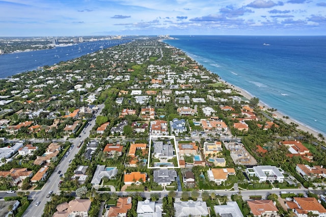 aerial view featuring a beach view and a water view