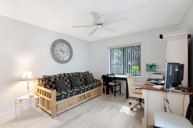 office area with hardwood / wood-style flooring and ceiling fan