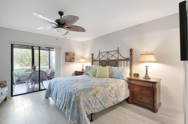 bedroom featuring ceiling fan, access to exterior, and light wood-type flooring