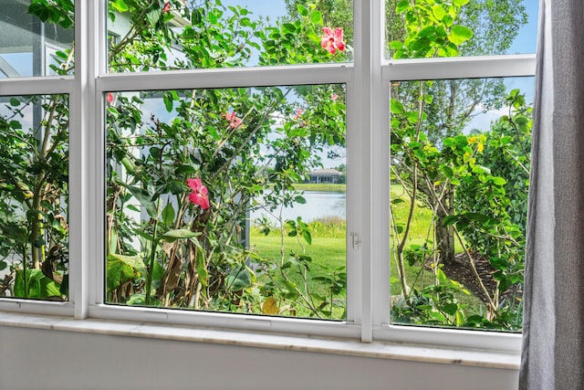 interior details with a water view