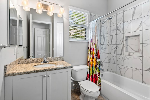 full bathroom with vanity, shower / bathtub combination with curtain, and toilet