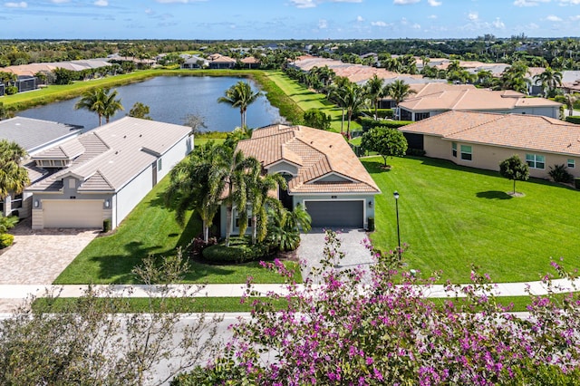 aerial view featuring a water view