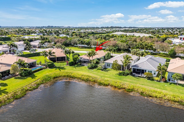 drone / aerial view featuring a water view