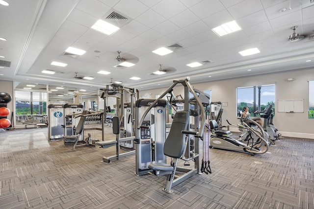 workout area featuring a paneled ceiling and carpet flooring