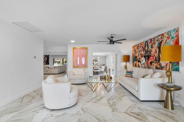 living area featuring visible vents, baseboards, ceiling fan, recessed lighting, and marble finish floor
