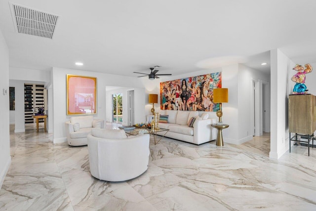 living room featuring visible vents, marble finish floor, recessed lighting, baseboards, and ceiling fan