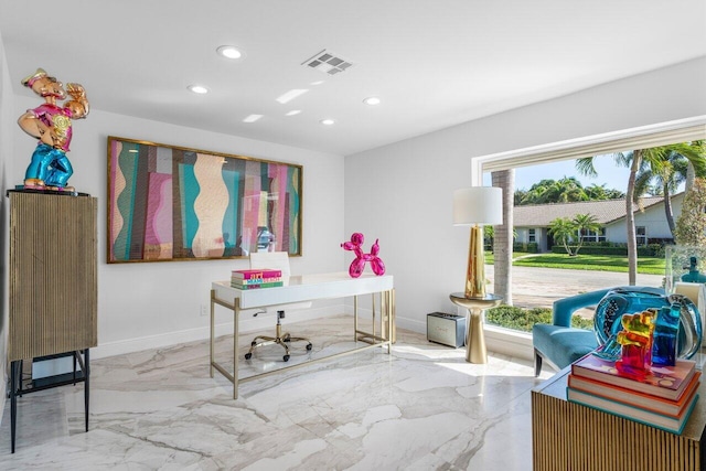office area with recessed lighting, visible vents, baseboards, and marble finish floor