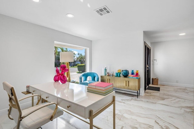 interior space featuring recessed lighting, visible vents, marble finish floor, and baseboards