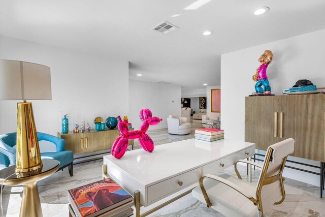 interior space featuring recessed lighting, visible vents, marble finish floor, and baseboard heating