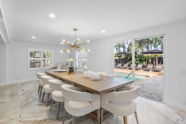 dining space featuring recessed lighting, a notable chandelier, marble finish floor, and baseboards