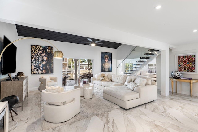 living room with recessed lighting, marble finish floor, stairs, and ceiling fan