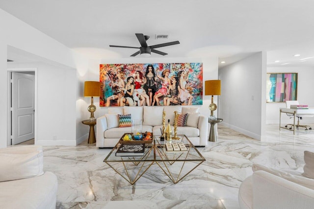 living area with a ceiling fan, visible vents, baseboards, recessed lighting, and marble finish floor