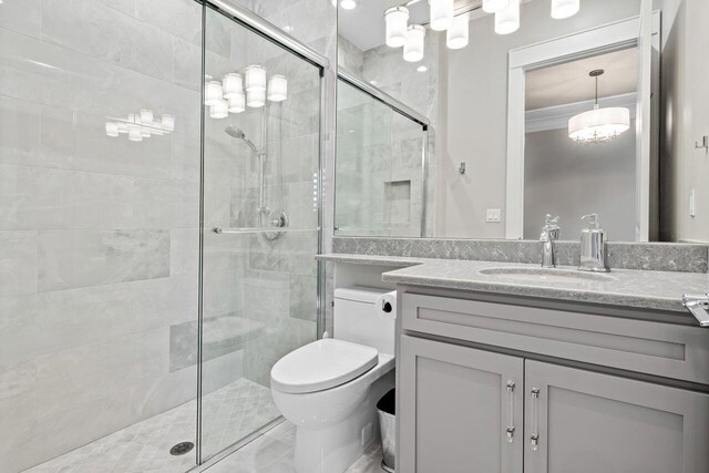 bathroom with a shower stall, vanity, and toilet