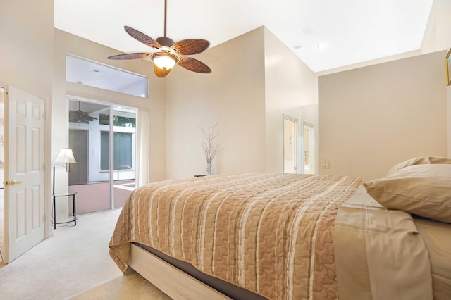 bedroom with high vaulted ceiling, access to exterior, light carpet, and ceiling fan