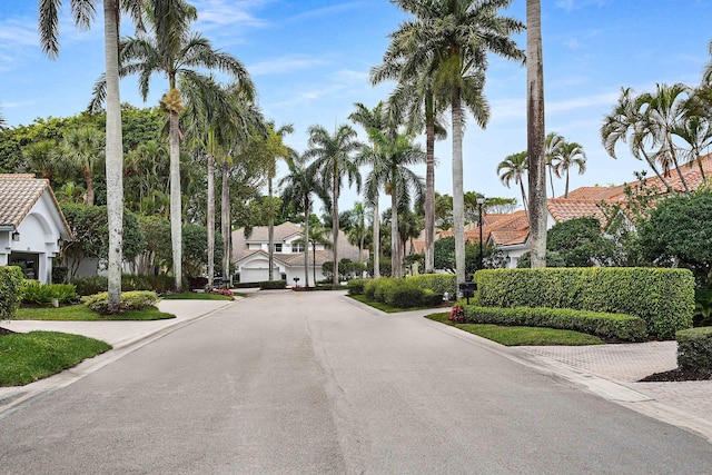 view of street with curbs and a residential view