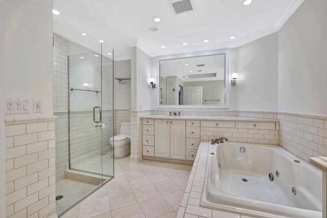 full bathroom featuring ornamental molding, vanity, tile patterned floors, and toilet