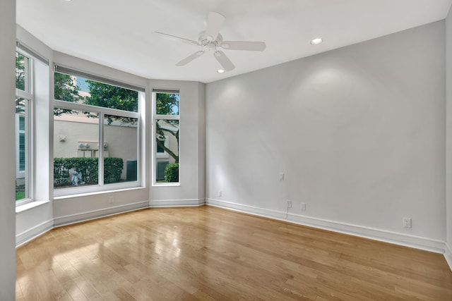 empty room with ceiling fan and light hardwood / wood-style floors