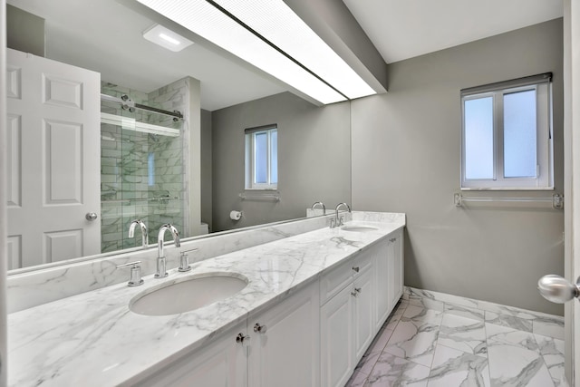 bathroom with vanity, toilet, and an enclosed shower