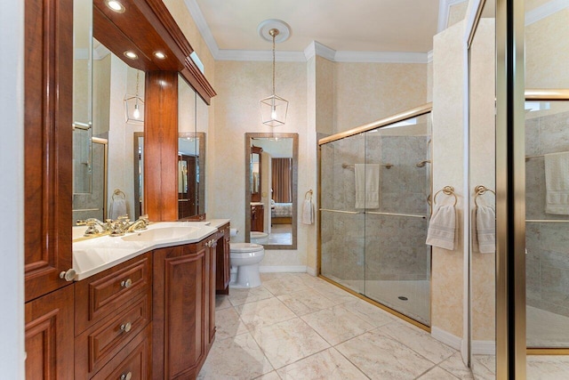 bathroom featuring crown molding, toilet, vanity, and walk in shower