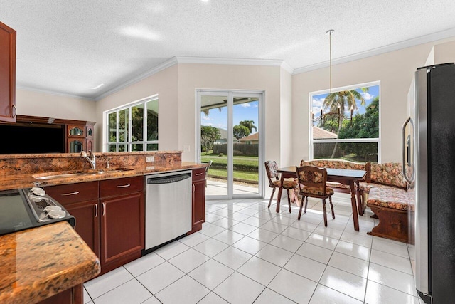 kitchen with stainless steel appliances, ornamental molding, sink, and decorative light fixtures