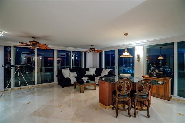 3554 Ocean Dr Unit Ph4S, Vero Beach, FL 32963 - interior space featuring marble finish floor, a ceiling fan, and indoor bar