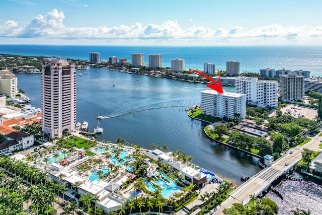 bird's eye view with a water view and a city view