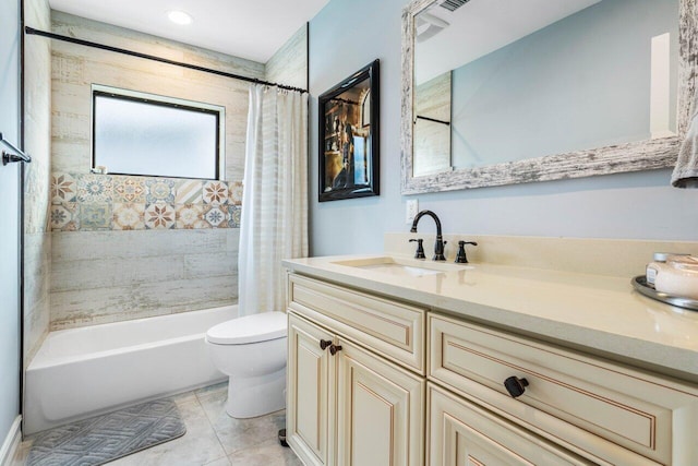 bathroom featuring toilet, shower / tub combo, tile patterned flooring, and vanity