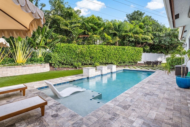 view of swimming pool featuring a fenced in pool, a patio area, and a fenced backyard