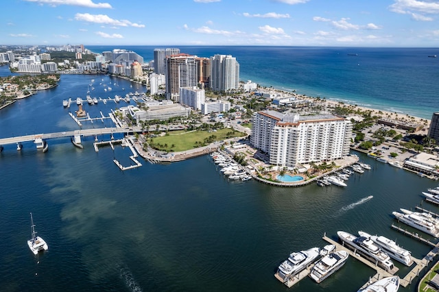 drone / aerial view featuring a water view and a city view