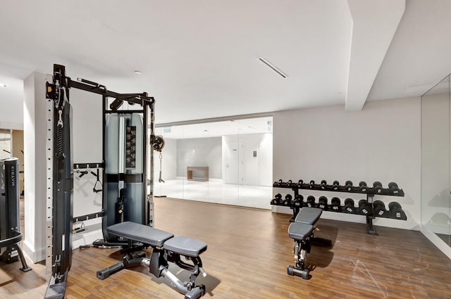 workout room featuring wood-type flooring