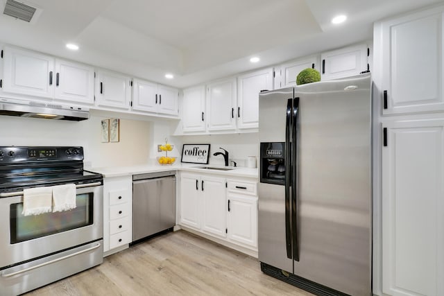 kitchen with white cabinetry, stainless steel appliances, light hardwood / wood-style floors, and sink