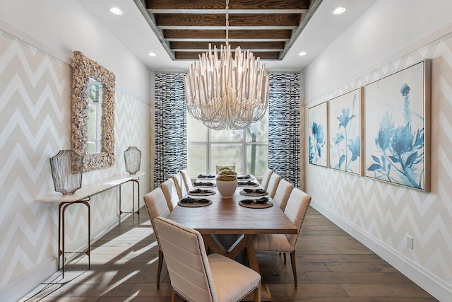 dining room with beam ceiling, dark wood-type flooring, and a chandelier