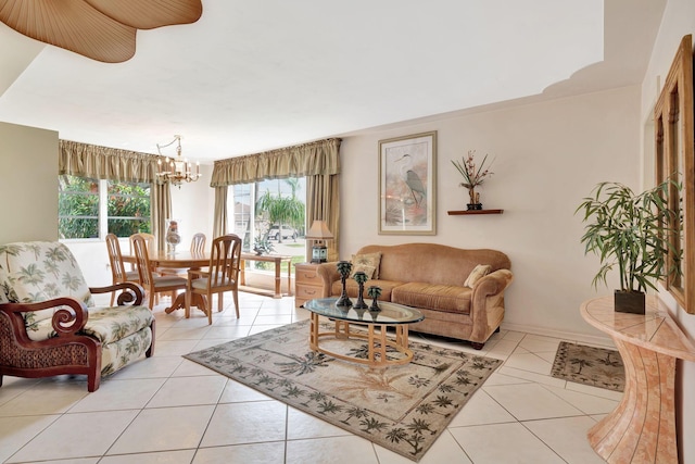 tiled living room featuring a chandelier