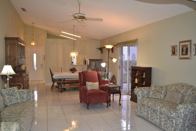 tiled living room with vaulted ceiling and ceiling fan