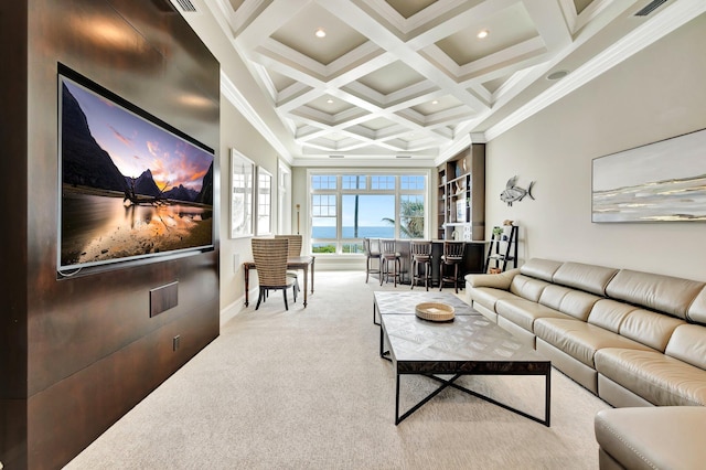 living area featuring recessed lighting, ornamental molding, carpet flooring, coffered ceiling, and beamed ceiling