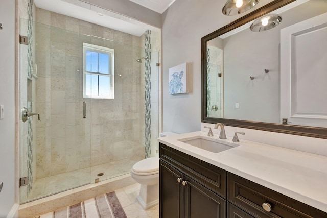 bathroom featuring toilet, a shower stall, and vanity