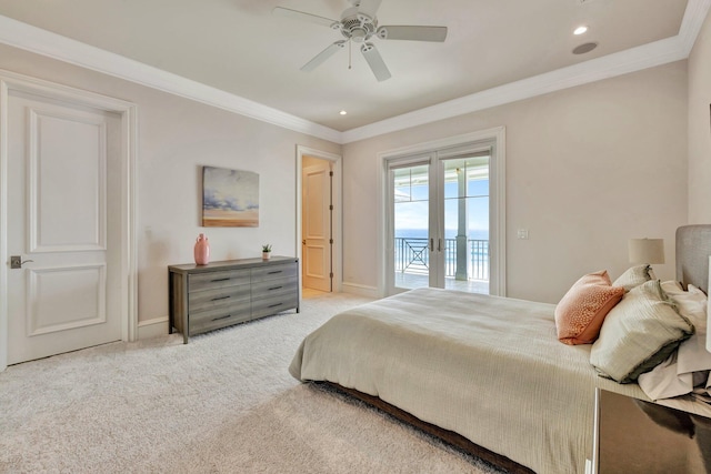 bedroom featuring carpet floors, access to outside, baseboards, and crown molding