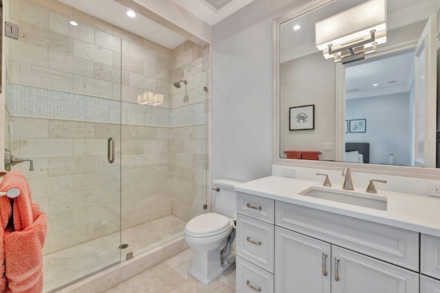 full bathroom with recessed lighting, toilet, a stall shower, vanity, and ensuite bath