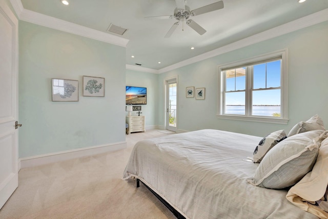 carpeted bedroom with recessed lighting, a ceiling fan, visible vents, baseboards, and crown molding