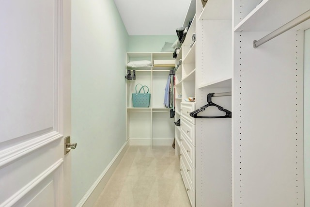 spacious closet featuring light colored carpet