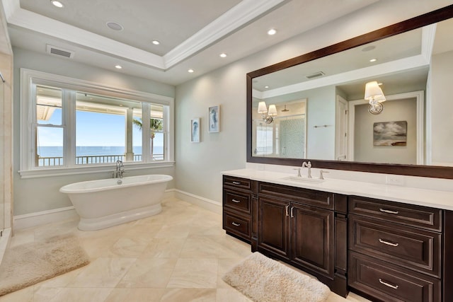 full bath with a soaking tub, visible vents, vanity, and a shower stall