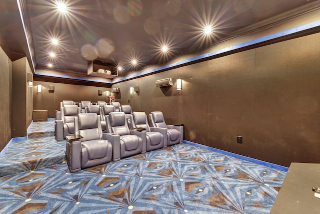 carpeted cinema room with ornamental molding