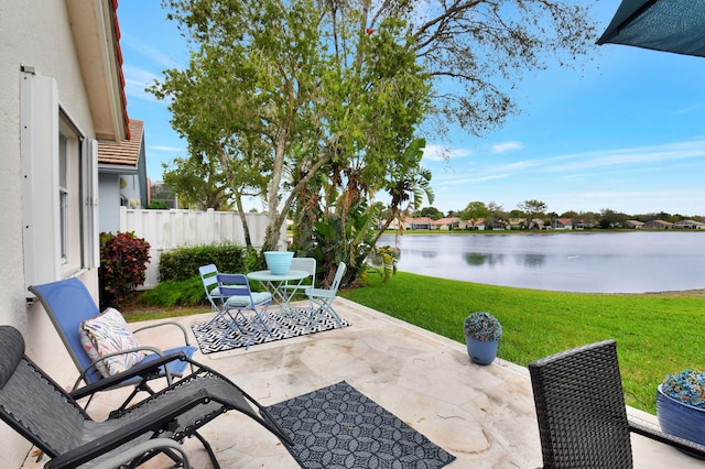 view of patio / terrace featuring a water view