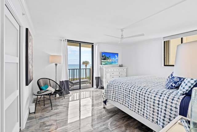 bedroom featuring access to exterior, a ceiling fan, a wall of windows, and crown molding