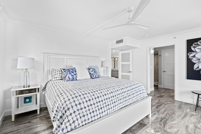 bedroom featuring ceiling fan, ornamental molding, visible vents, and baseboards