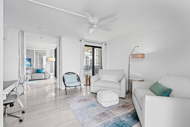 interior space featuring ceiling fan and crown molding