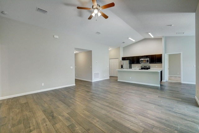 unfurnished living room with ceiling fan, high vaulted ceiling, and light wood-type flooring