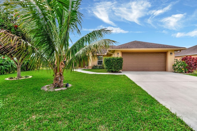 view of front of home with concrete driveway, a front lawn, an attached garage, and stucco siding