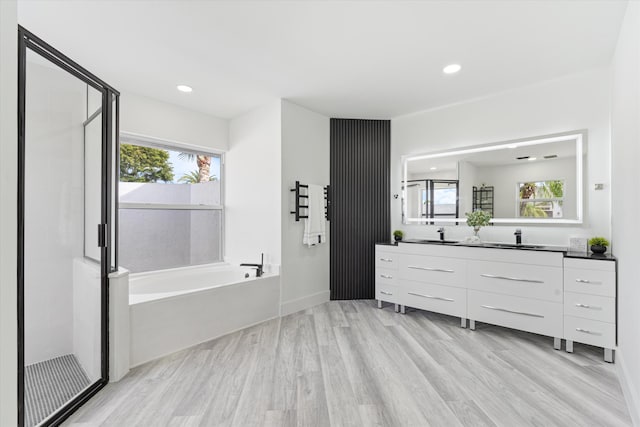 bathroom with vanity, plus walk in shower, wood-type flooring, and a wealth of natural light